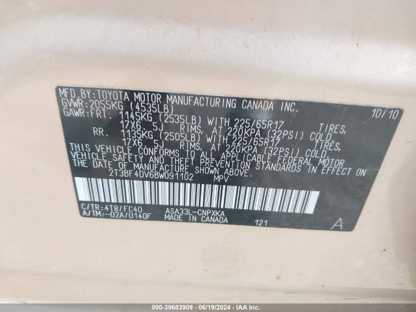 2011 Toyota Rav4 VIN: 2T3BF4DV6BW091102 Lot: 39683909