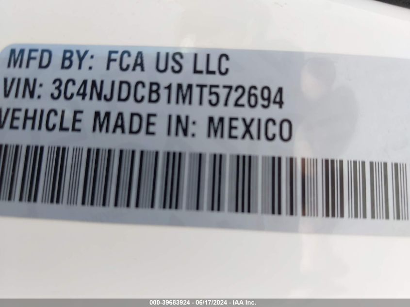2021 Jeep Compass Limited 4X4 VIN: 3C4NJDCB1MT572694 Lot: 39683924