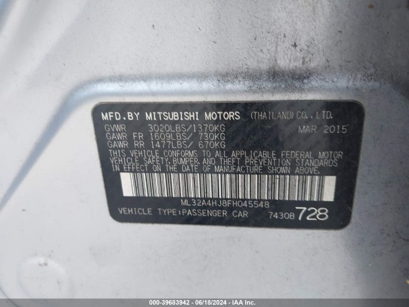 2015 Mitsubishi Mirage Es VIN: ML32A4HJ8FH045548 Lot: 39683942