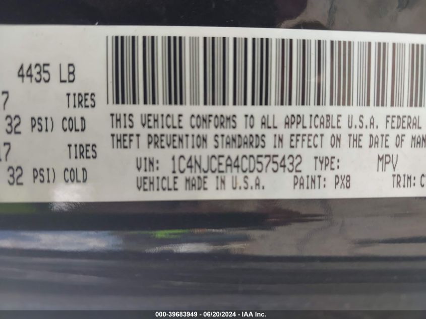 2012 Jeep Compass Latitude VIN: 1C4NJCEA4CD575432 Lot: 39683949