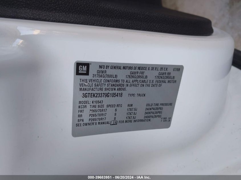 2009 GMC Sierra 1500 Sle VIN: 3GTEK23379G105418 Lot: 39683951