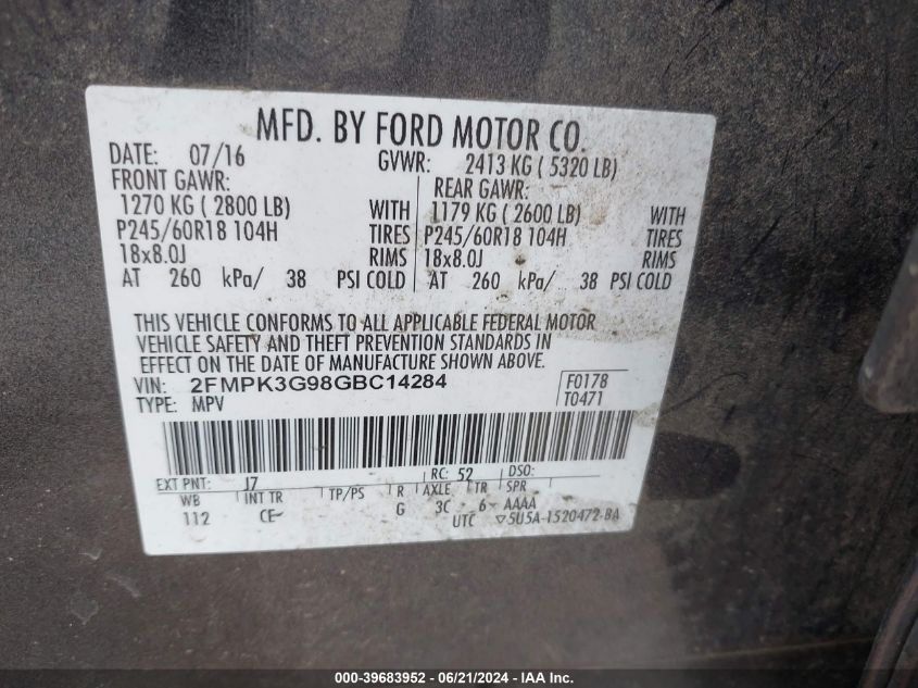 2016 Ford Edge Se VIN: 2FMPK3G98GBC14284 Lot: 39683952