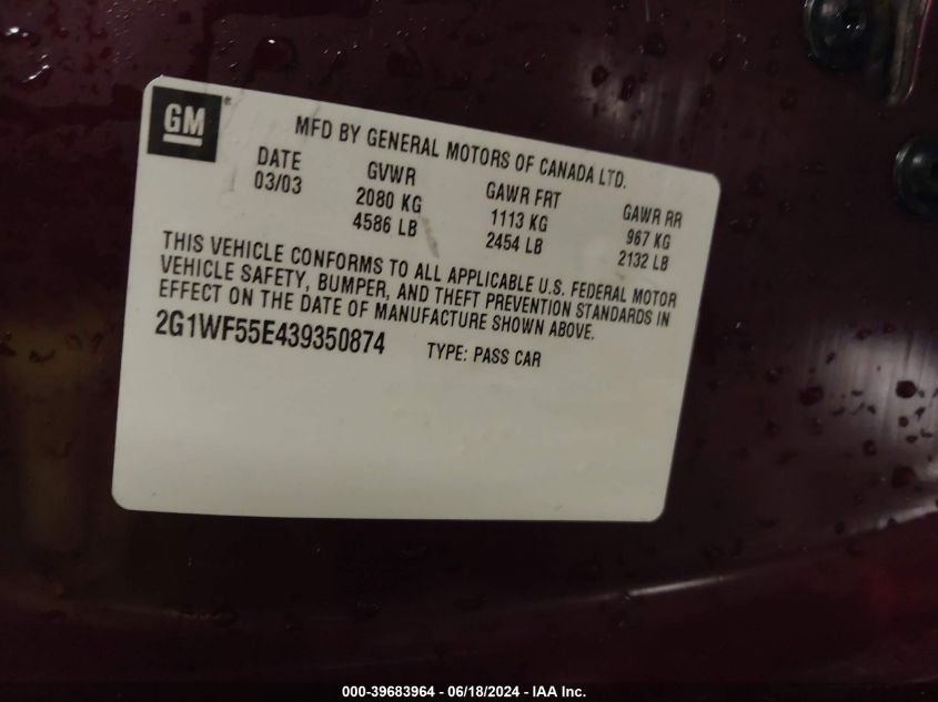 2003 Chevrolet Impala VIN: 2G1WF55E439350874 Lot: 39683964