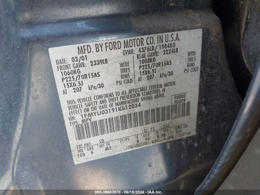 2001 Ford Escape Xlt VIN: 1FMYU03191KB12034 Lot: 39683970