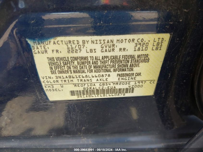 2008 Nissan Sentra 2.0 VIN: 3N1AB61E68L660878 Lot: 39683991