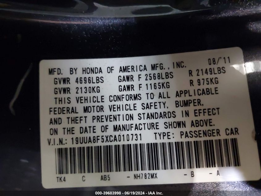 2012 Acura Tl 3.5 VIN: 19UUA8F5XCA010731 Lot: 39683998