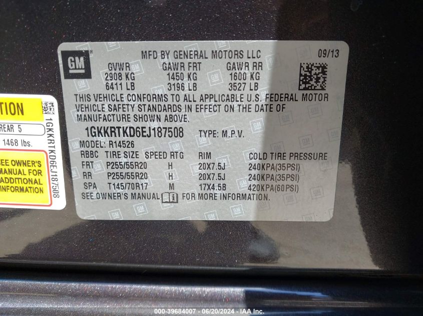 2014 GMC Acadia Denali VIN: 1GKKRTKD6EJ187508 Lot: 39684007