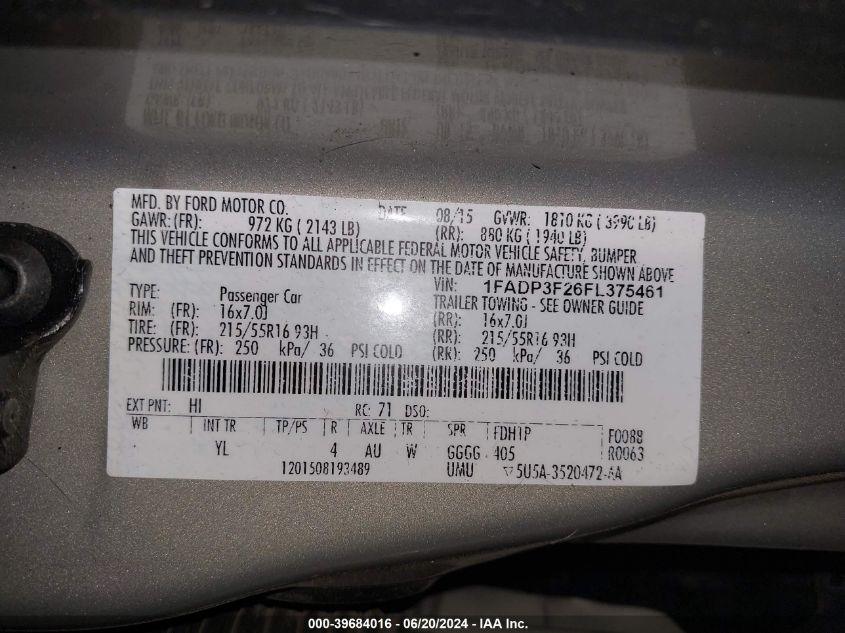 2015 Ford Focus Se VIN: 1FADP3F26FL375461 Lot: 39684016