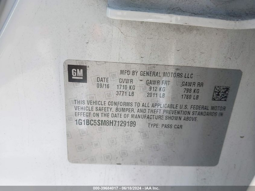 2017 Chevrolet Cruze Ls Auto VIN: 1G1BC5SM8H7129189 Lot: 39684017