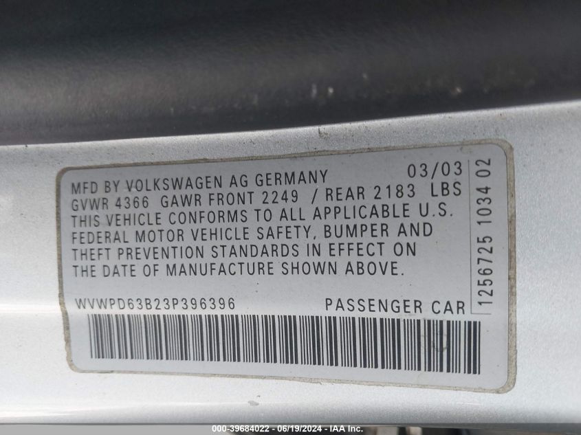 2003 Volkswagen Passat Gls VIN: WVWPD63B23P396396 Lot: 39684022