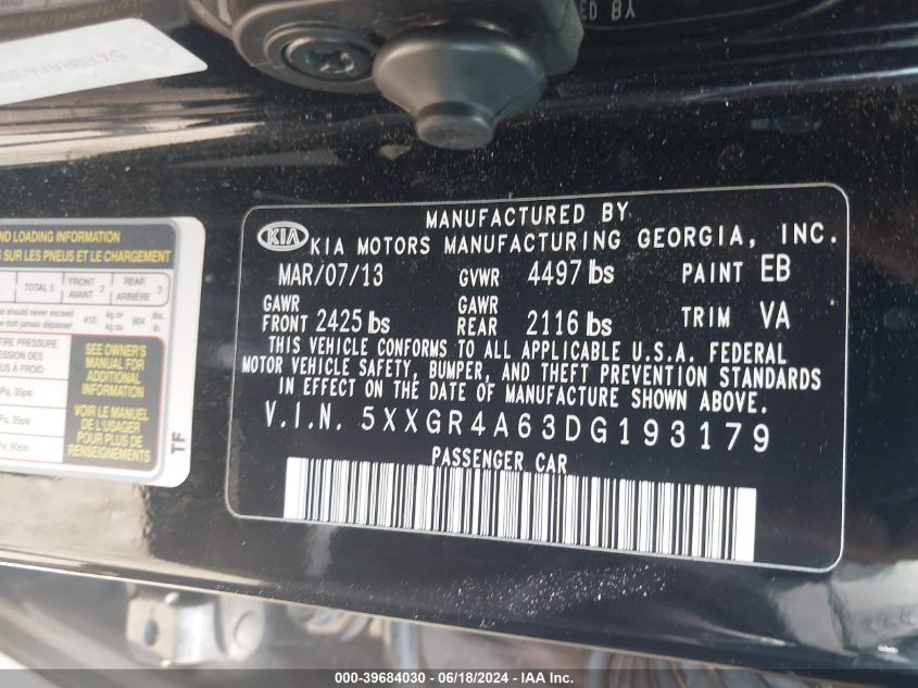 2013 Kia Optima Sx VIN: 5XXGR4A63DG193179 Lot: 39684030