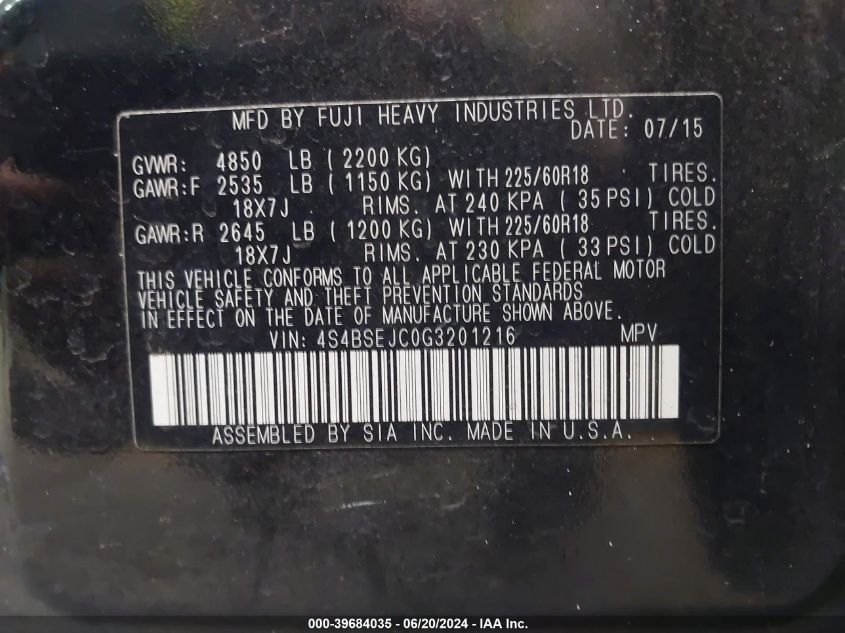 2016 Subaru Outback 3.6R Limited VIN: 4S4BSEJC0G3201216 Lot: 39684035