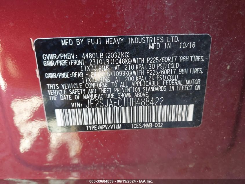 2017 Subaru Forester 2.5I Premium VIN: JF2SJAEC1HH488422 Lot: 39684039