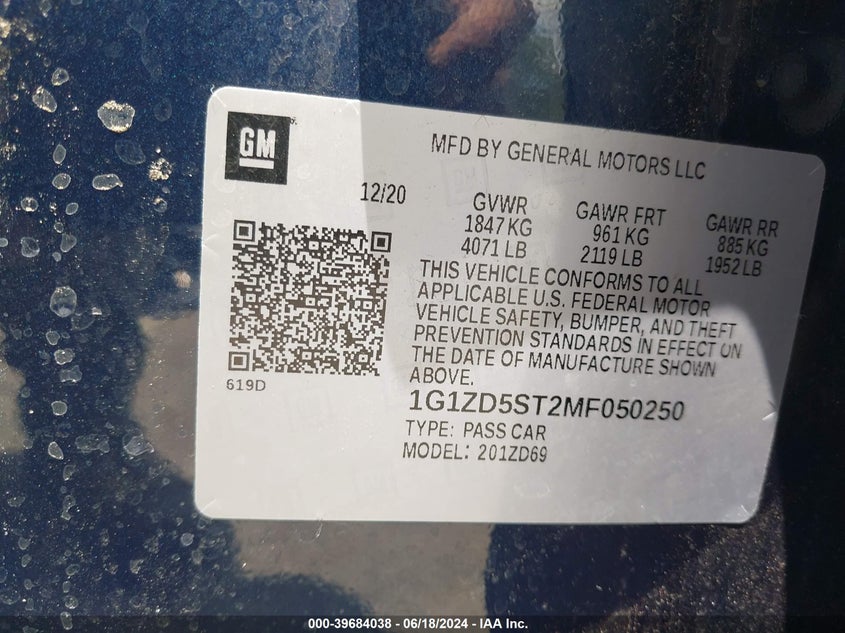 2021 Chevrolet Malibu Fwd Lt VIN: 1G1ZD5ST2MF050250 Lot: 39684038