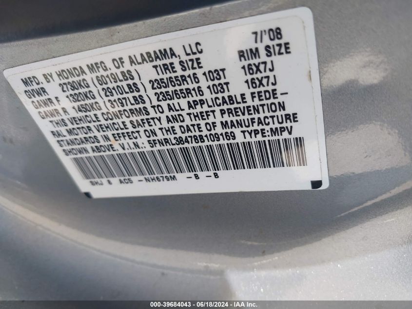 2008 Honda Odyssey Ex VIN: 5FNRL38478B109169 Lot: 39684043