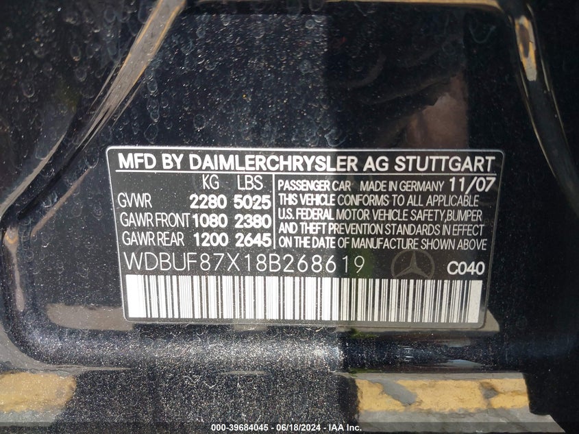 2008 Mercedes-Benz E 350 4Matic VIN: WDBUF87X18B268619 Lot: 39684045