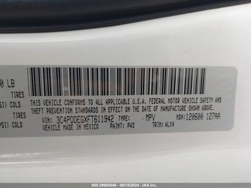 2015 Dodge Journey R/T VIN: 3C4PDDEGXFT611942 Lot: 39684048