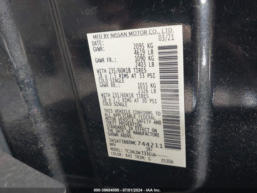VIN 5N1AT3BB0MC744211 2021 NISSAN ROGUE SV INTELLIGENT AWD