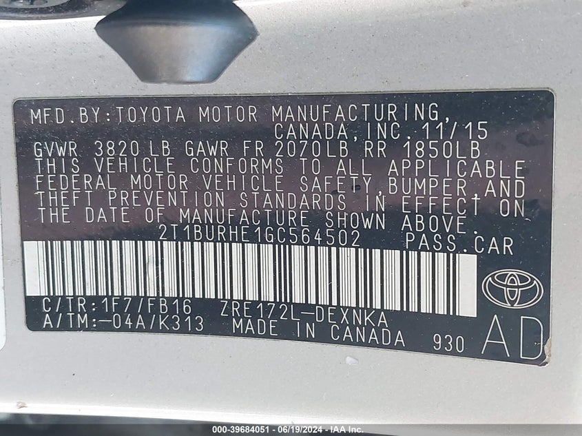 2016 Toyota Corolla Le VIN: 2T1BURHE1GC564502 Lot: 39684051