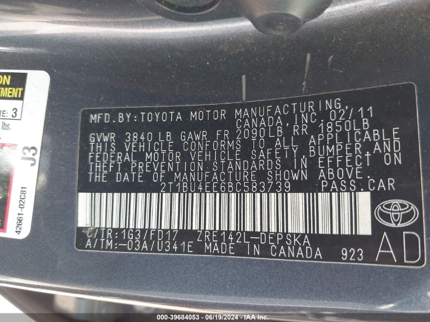 2011 Toyota Corolla S VIN: 2T1BU4EE6BC583739 Lot: 39684053