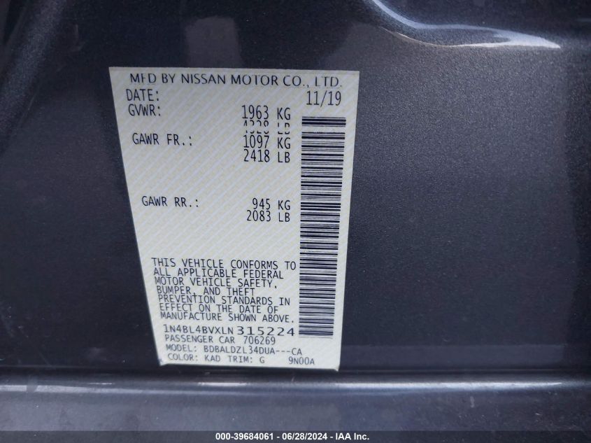 2020 Nissan Altima S Fwd VIN: 1N4BL4BVXLN315224 Lot: 39684061