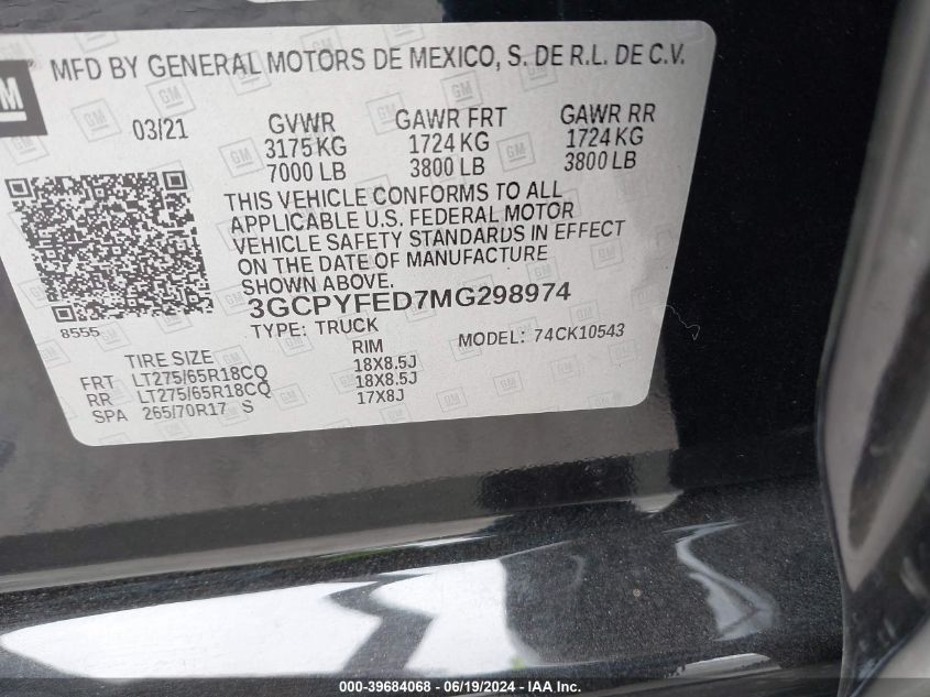 2021 Chevrolet Silverado 1500 4Wd Short Bed Lt Trail Boss VIN: 3GCPYFED7MG298974 Lot: 39684068