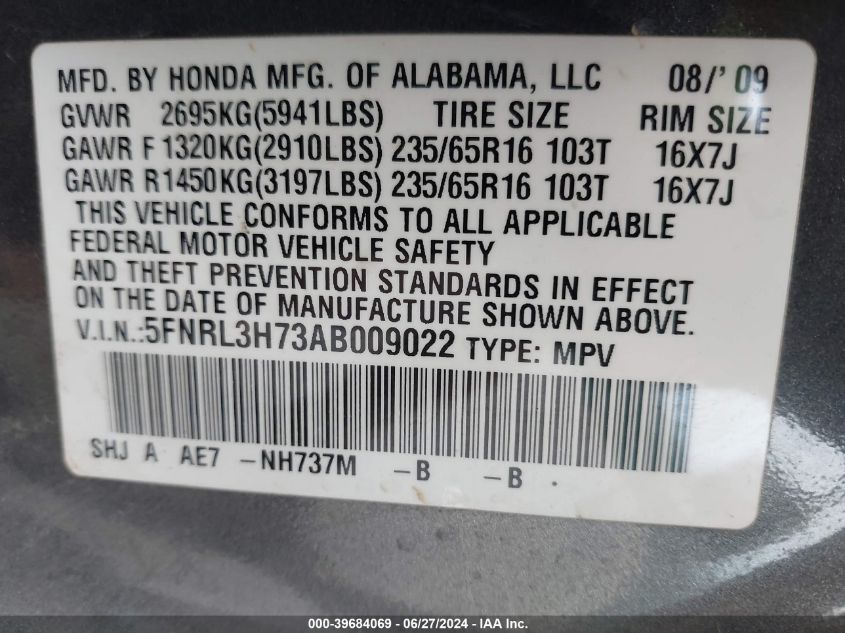 2010 Honda Odyssey Ex-L VIN: 5FNRL3H73AB009022 Lot: 39684069