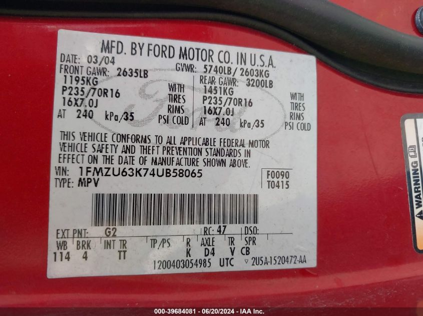 2004 Ford Explorer Xlt VIN: 1FMZU63K74UB58065 Lot: 39684081