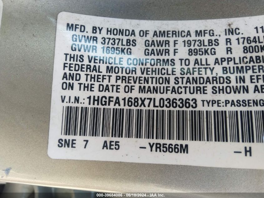 2007 Honda Civic Ex VIN: 1HGFA168X7L036363 Lot: 39684086