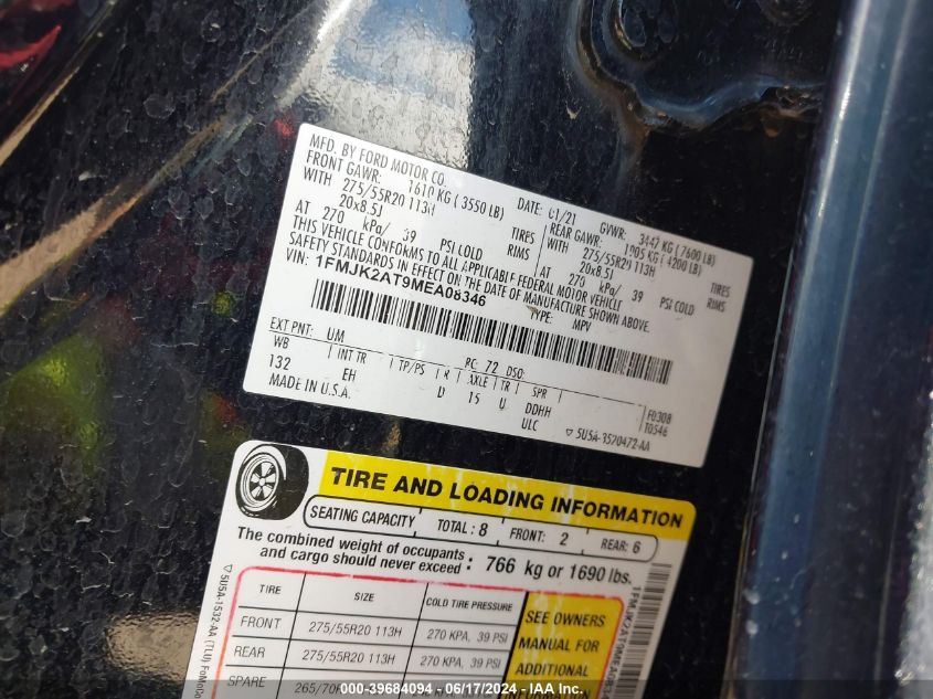 2021 Ford Expedition Limited Max VIN: 1FMJK2AT9MEA08346 Lot: 39684094