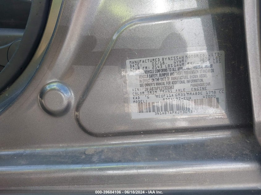 2018 Nissan Sentra S VIN: 3N1AB7APXJY309343 Lot: 39684106