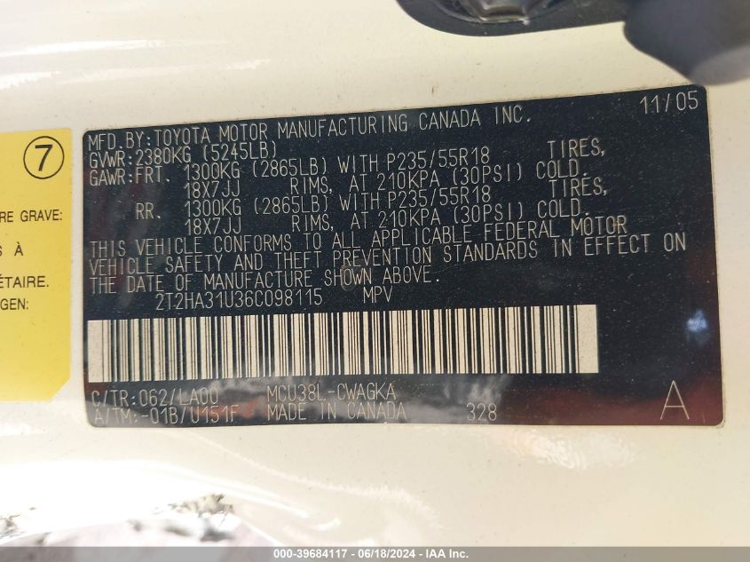 2006 Lexus Rx 330 VIN: 2T2HA31U36C098115 Lot: 39684117