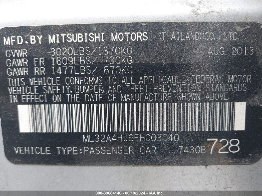 2014 Mitsubishi Mirage Es VIN: ML32A4HJ6EH003040 Lot: 39684146