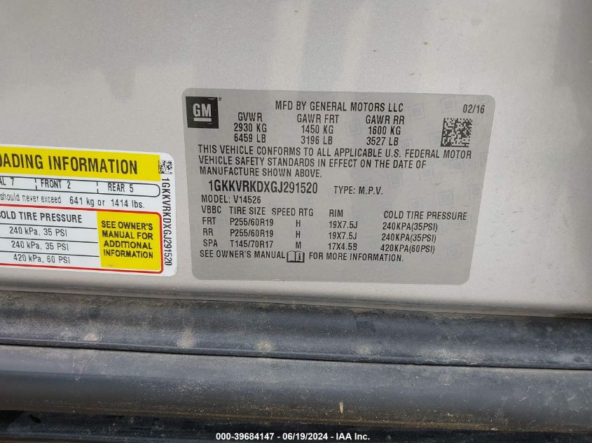 2016 GMC Acadia Slt-1 VIN: 1GKKVRKDXGJ291520 Lot: 39684147