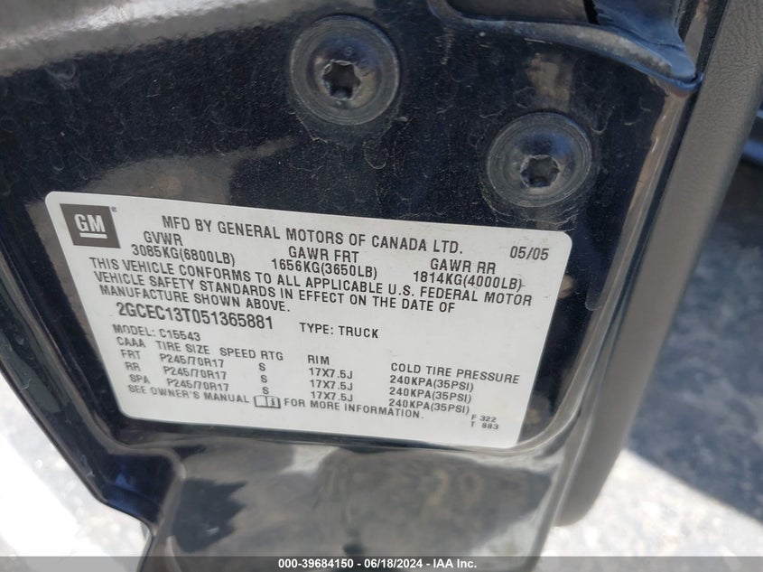 2005 Chevrolet Silverado 1500 Ls VIN: 2GCEC13T051365881 Lot: 39684150