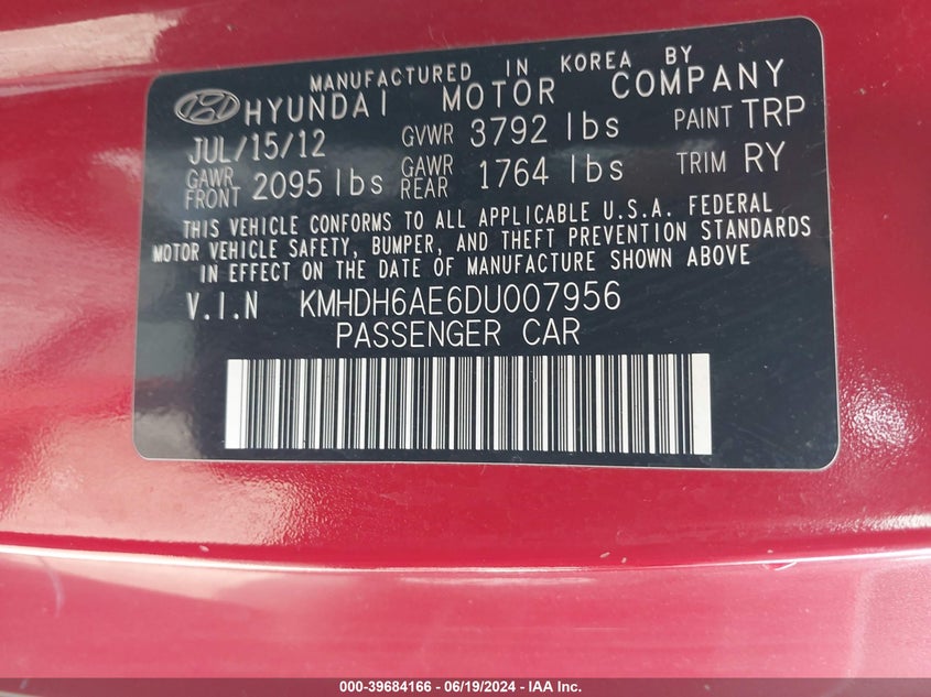 2013 Hyundai Elantra Gs VIN: KMHDH6AE6DU007956 Lot: 39684166