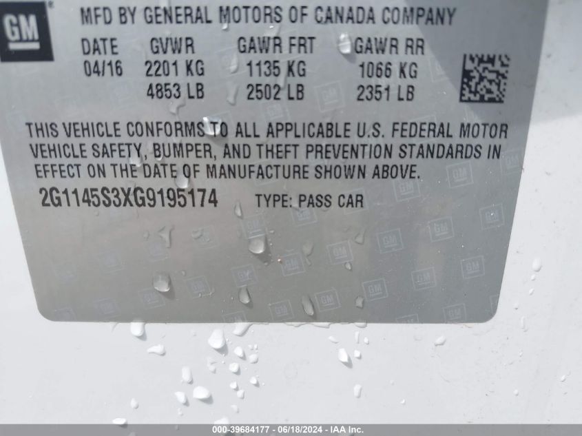 2016 Chevrolet Impala 2Lz VIN: 2G1145S3XG9195174 Lot: 39684177