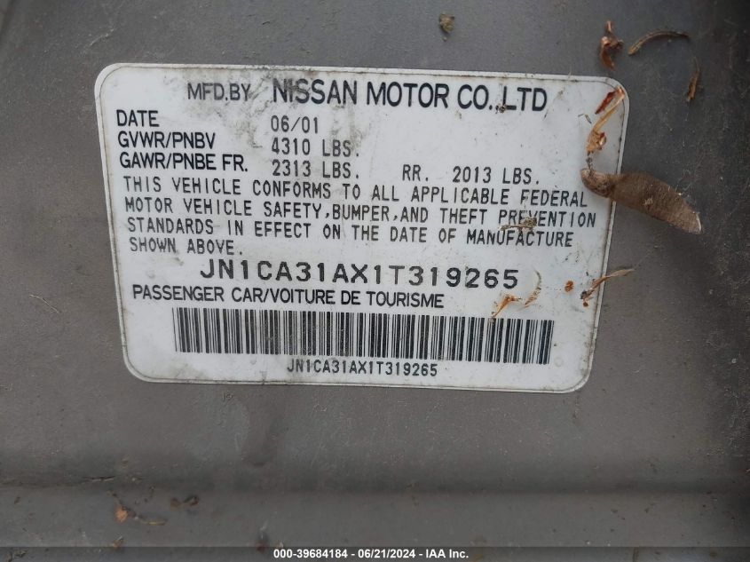 2001 Nissan Maxima Gle VIN: JN1CA31AX1T319265 Lot: 39684184