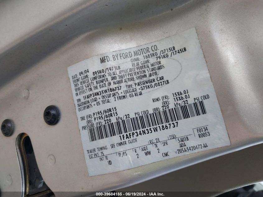 2005 Ford Focus Zx4 VIN: 1FAFP34N35W186737 Lot: 39684185