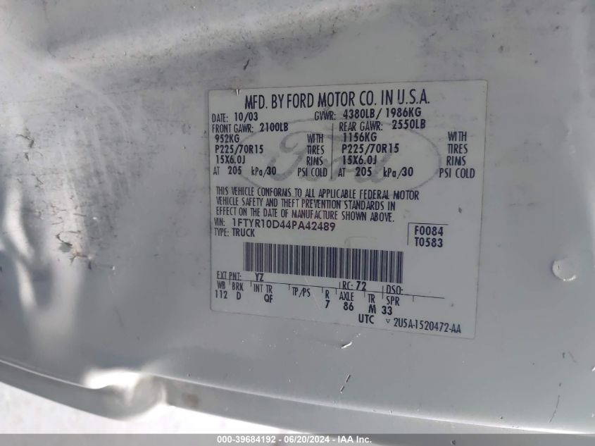 2004 Ford Ranger VIN: 1FTYR10D44PA42489 Lot: 39684192