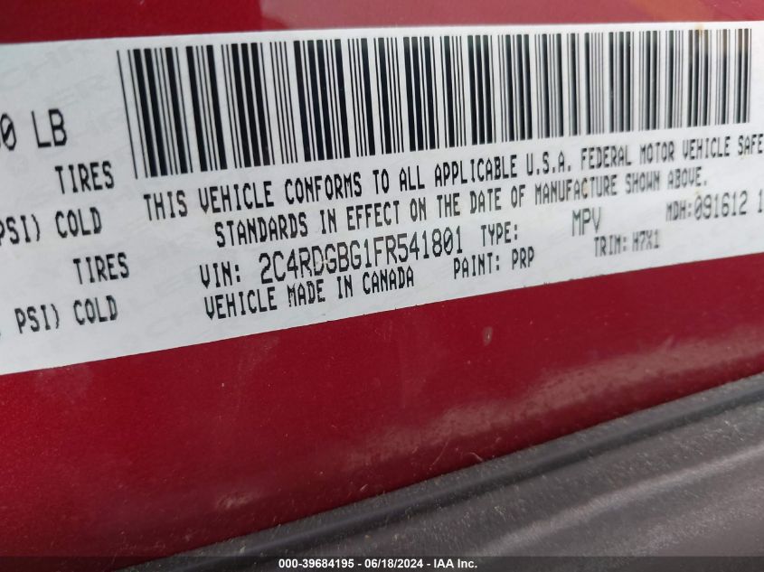 2015 Dodge Grand Caravan Se VIN: 2C4RDGBG1FR541801 Lot: 39684195