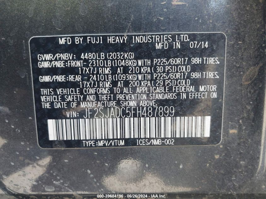 2015 Subaru Forester 2.5I Premium VIN: JF2SJADC5FH487899 Lot: 39684196