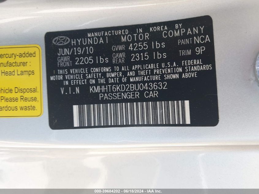 KMHHT6KD2BU043632 2011 Hyundai Genesis 2.0T Premium