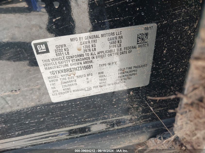 2017 Cadillac Xt5 Luxury VIN: 1GYKNBRS7HZ315681 Lot: 39684212