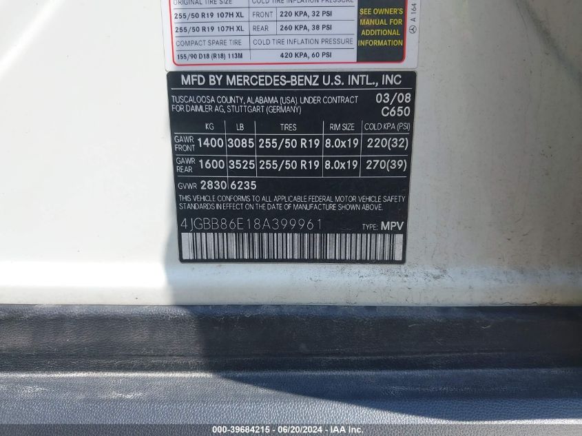 2008 Mercedes-Benz Ml 350 4Matic VIN: 4JGBB86E18A399961 Lot: 39684215