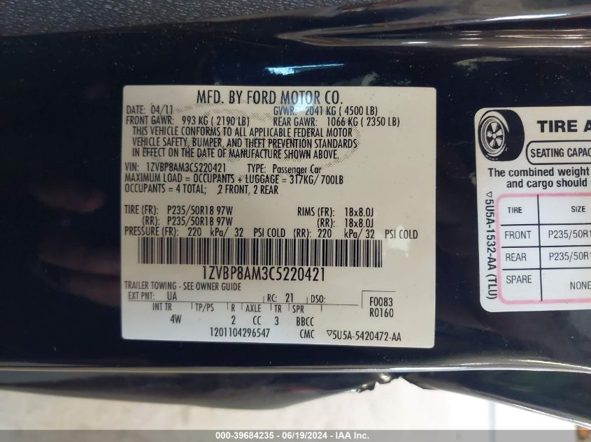 2012 Ford Mustang V6 Premium VIN: 1ZVBP8AM3C5220421 Lot: 39684235