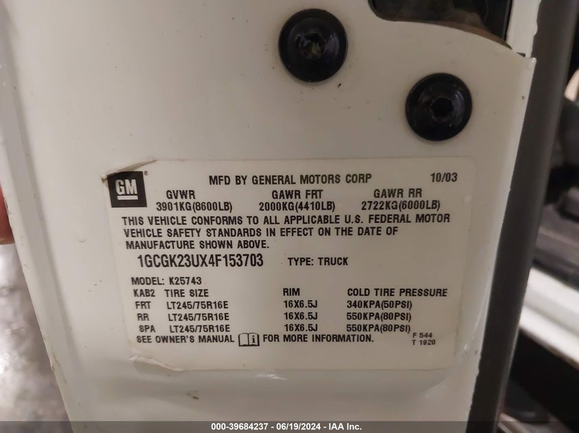 2004 Chevrolet Silverado 2500 Ls VIN: 1GCGK23UX4F153703 Lot: 39684237