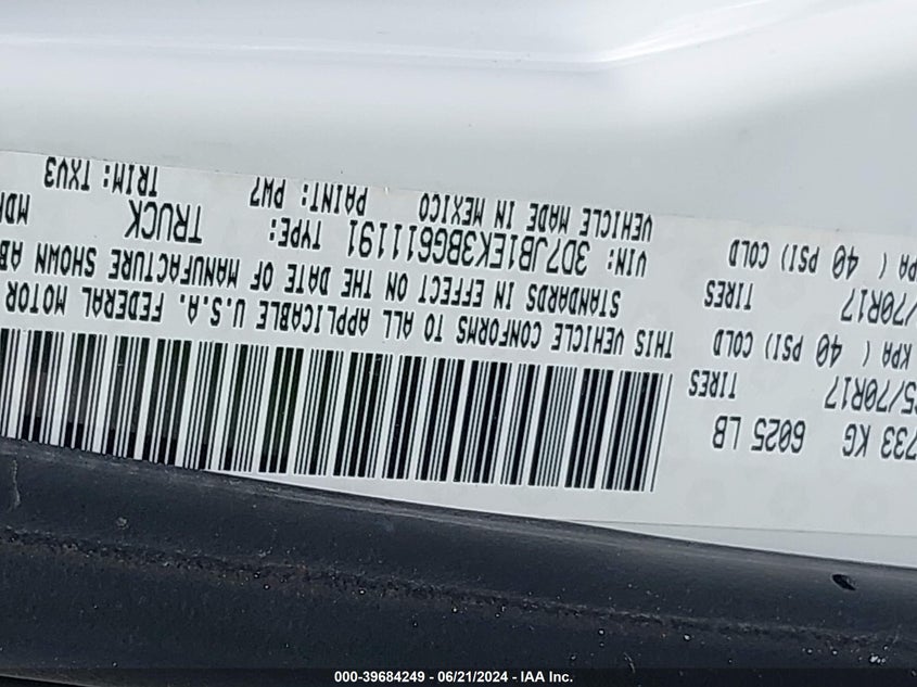 2011 Ram Ram 1500 St VIN: 3D7JB1EK3BG611191 Lot: 39684249