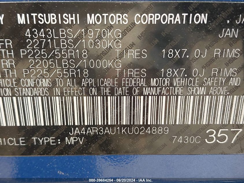 2019 Mitsubishi Outlander Sport 2.0 Es VIN: JA4AR3AU1KU024889 Lot: 39684254