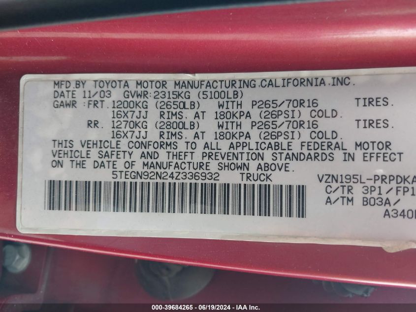 2004 Toyota Tacoma Double Cab Prerunner VIN: 5TEGN92N24Z336932 Lot: 39684265